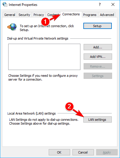 Click Connections tab, and then click the LAN settings button