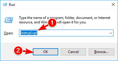Run dialog appears type inetcpl.cpl and hit Enter