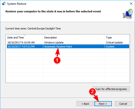 Select the desired restore point and click on Next