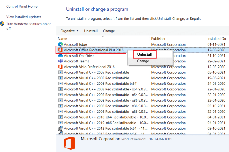 Right-click on the Microsoft Office program and choose Uninstall