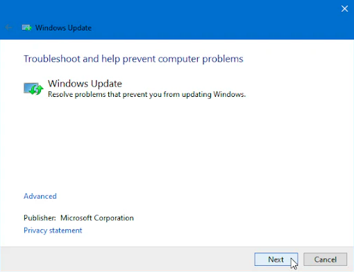 Next to start the analysis of the Windows Update problem