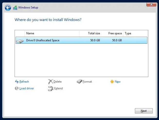 Choose a partition to install Windows Server 2019