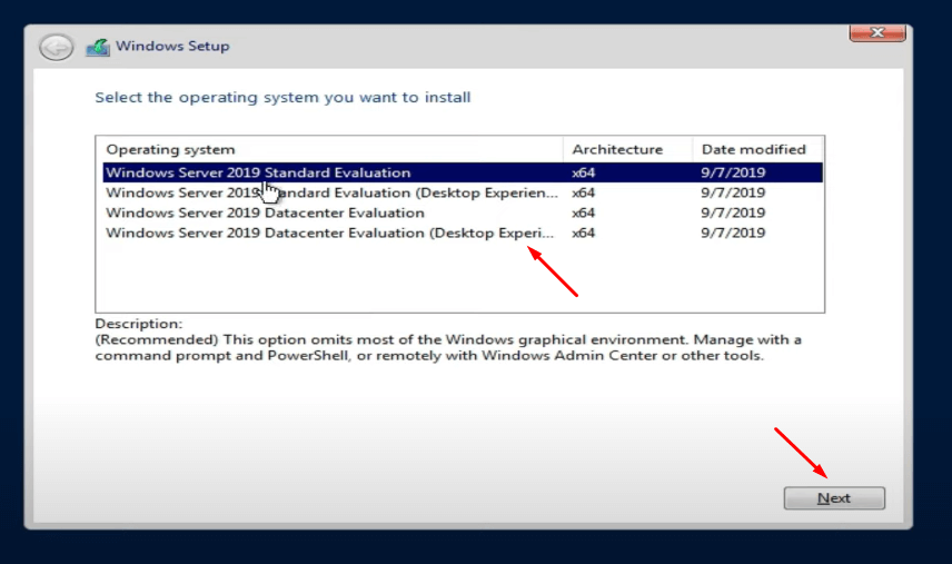 Choose the Windows Server 2019 edition