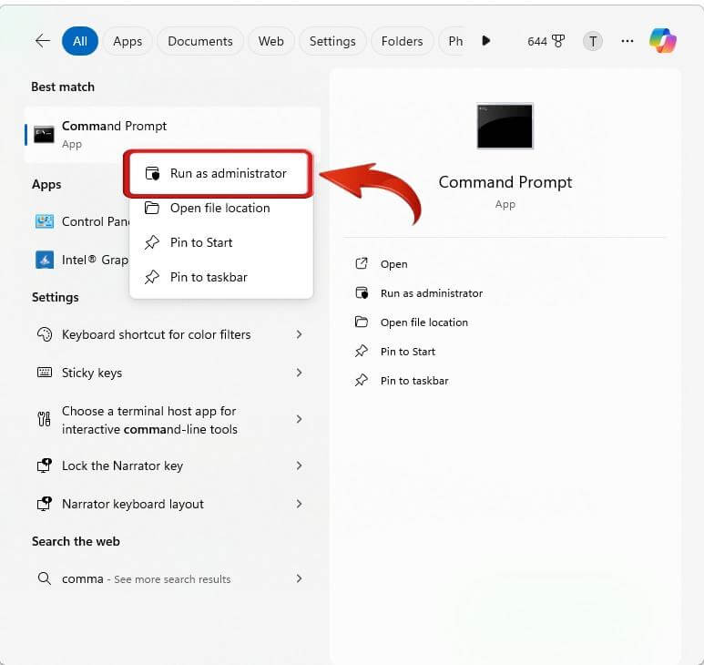 Right-click on Command Prompt and choose the “Run as Administrator”