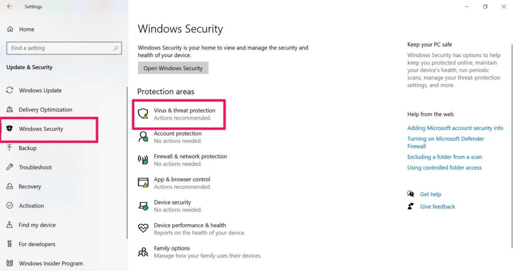 Windows Security in Settings