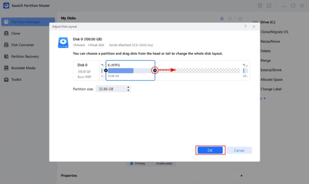 choose Manual Adjustment to extend the partition size manually